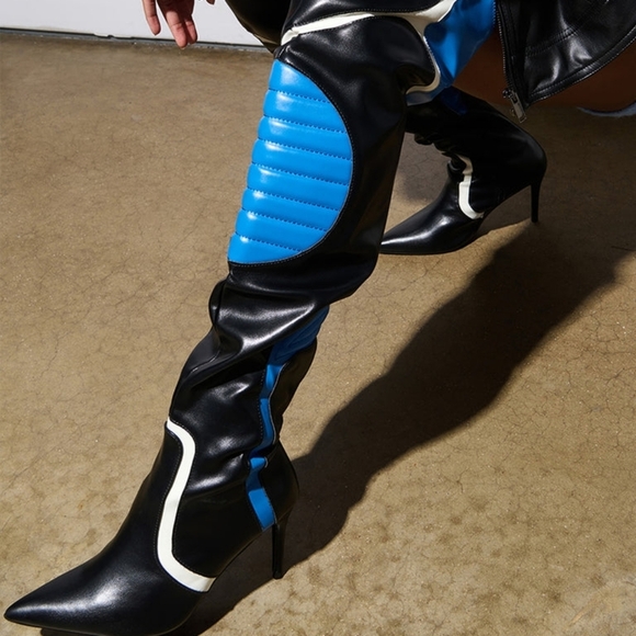 "Cyberstrut 99: Tokyo Skyline" Chic Black and Blue Heeled Boots - Picture 6 of 9